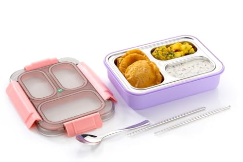 Image of Stainless Steel Leak Proof 3 Compartment Lunch Box for Office /School /College 3 Containers Lunch Box (900 ml,)
