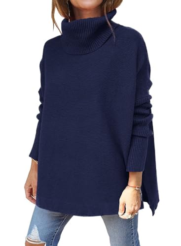 Image of yoeasy Women's Turtleneck Oversized Long Batwing Sleeve Pullover Sweater Spilt Hem Knit Sweater