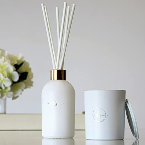 Luxury Candle & Reed Diffuser Set - 6.8 Fl Oz Peony Lychee Reed Diffuser + 6.5Oz Soy Wax Scented Candle & Lid - 6 Diffuser Sticks - Long Burn Time #TOP1