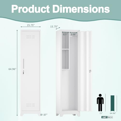 Image of Slim Broom Storage Cabinets, Metal Cabinet with Shelves and Hanging Rod, 15.75 inch W Utility Storage Cabinet with Locking Door, Slim Cabinet for Small Spaces, Kitchen, Pantry, Office, Shop