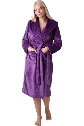 Camille Women's Supersoft Fleece Dressing Gown - Long-Sleeve, Calf-Length Bathrobe | Ribbed Collar, Wrap Belt Tie Fastening & Front Pockets | Warm Comfy Housecoat - Purple 22-24