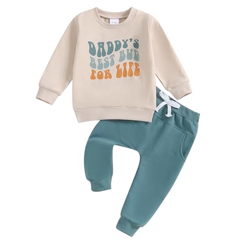 Image of Sduydiosy Toddler Baby Boy Fall Outfit Letter Print Sweatshirt Tops Elastic Pants Set Cute Infant Newborn Winter Clothes (Blue Bud, 0-6 Months)