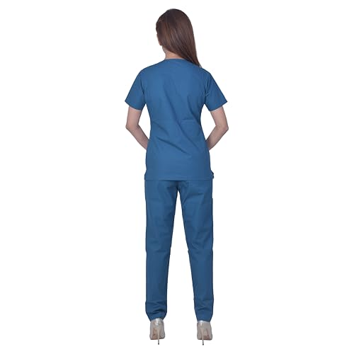 Image of Unisex V-Neck Polyester Cotton Medical Scrub Suit for Doctors, Top and Bottom with 6 Pockets, Triple Needle Stitch Top, Size 50-5XL, Caribbean Blue.