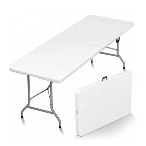 YOEVU - Mesa Plegable 240cm | Diseño Tipo Maleta con Asa | Resistente y Portátil | Capacidad para 8-10 Personas | Ideal para Interiores y Exteriores | Blanco | Plástico