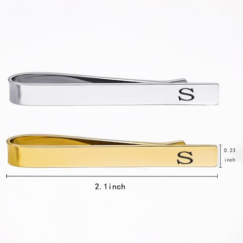 Image of GWD Stainless Steel Tie Clips for Men Personalized Initial Tie Bar Set | 2 Pcs Classic Letter Tie Clips for Men, Silver and 14K Gold Plated Tone