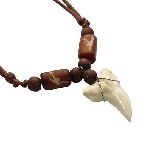 Genuine Mako Shark Tooth Necklace, Unisex Adult, 16-32 Inch Adjustable, Brown Wooden Beads & Waxed Cords, BA3714