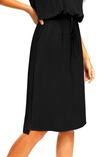 Image of Simier Fariry Womens Summer Hide Belly Knee Length Travel Dress Pocket Short Sleeve Midi Work Casual Outfits