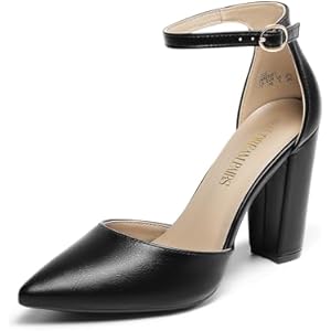 DREAM PAIRS Women's Coco High Heels Chunky Block Pumps Pointed Closed Toe Ankle Strap Dress Shoes 10 Black/Pu