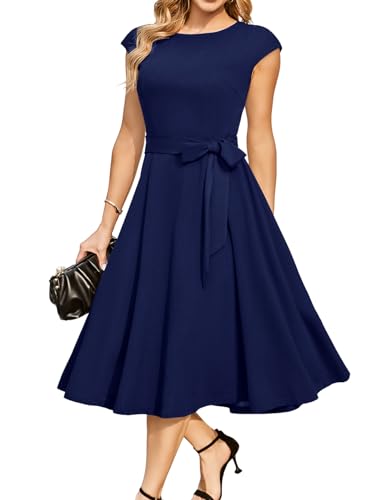 DRESSTELLS Cocktail Dresses for Women Formal Wedding Guest Church Mother Bride Modest Funeral Fit Flare Holiday Party Aline Evening Gown Navy Blue M