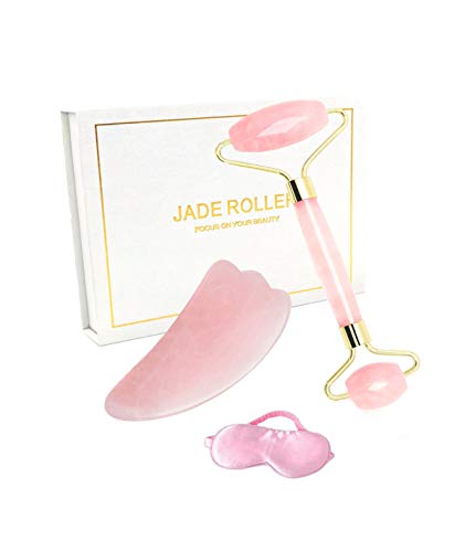 Jade Roller and Gua Sha Set，100% Natural Anti Aging Rose Quartz Roller Massager for Skin Detox,Facial Body Eyes Massager Tool (Pink)