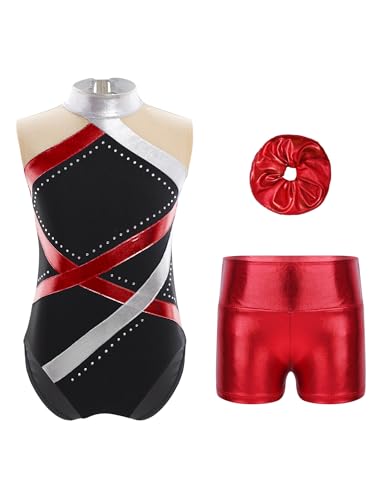 dPois Maillot De Danza Clásica para Niñas Mono De Deportivo Brillante + Pantalones Elásticos Body Elástico Conjunto De Bailarina Actuación Rojo 13-14 años