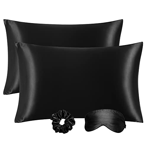 PiccoCasa Satin Pillowcases for Hair and Skin with Eye Mask and Scrunchie Soft Pillowcase 2 Pack Zipper Closure Silky Bed Pillow Covers Set for Sleeping Black 50 x 65cm