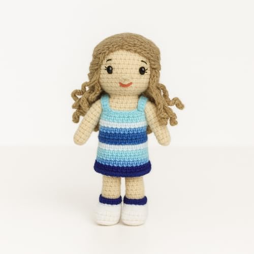 Image of Sutra Handmade Crochet Doll in Blue Dress | Wool Amigurumi Plush Toy | Soft & Safe Handmade Gift for Kids, Nursery & Home Decor