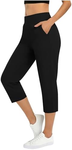 Women's Yoga Dress Capris High Waisted Stretch Golf Pants Quick Dry Capri Pants with Pockets Cropped Summer Pants Black
