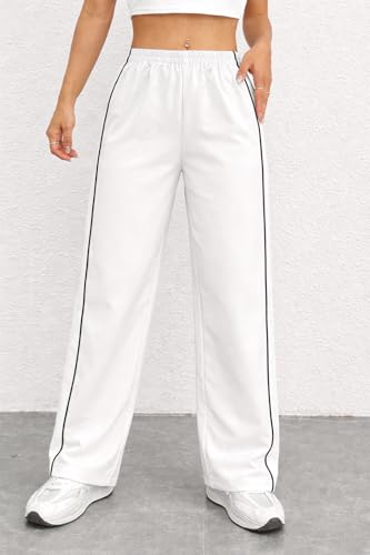 Image of Women Casual Loose Fit Track Pants High Waist Elastic Waistband Straight Wide Leg Trousers with Side Piping, Gym Yoga Running Athletic Sweatpants Comfortable