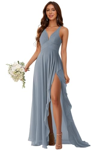 Image of Pretty Women's Sleeveless Chiffon Bridesmaid Dresses 2025 with Slit Floor Length Bridesmaid Party Dress Dusty Blue US12