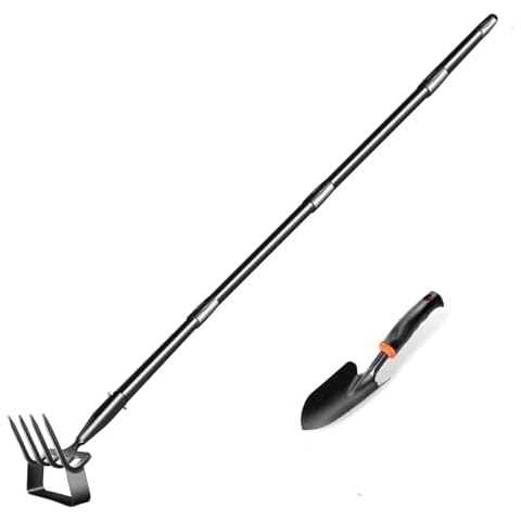 Hmseng Hoe Garden Tools, 51Inch Gardening Tools for Weeding, Heavy Duty Stainless Steel 4 Tine Hand Garden Rake Cultivator, for Flower Beds, Patio, Garden Loosening Soil Weeding Digging Cover