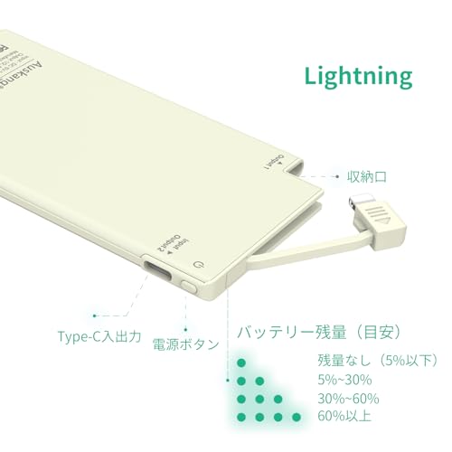 Auskang モバイルバッテリー 軽量 iPhone 14/13/12/iPhone SE第3世代対応 スマホ充電器 薄型 Lightningケーブル内蔵 MFi認証品 6.8mm 5000mAh 小型 通勤 災害 出張 アウトドア用 防災グッズ PSE認証済 乳白色