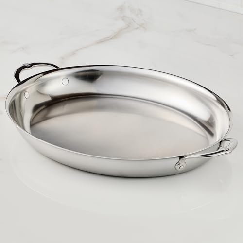 Image of Hestan Provisions Oval Roasting Pan and Au Gratin Dish, 5.5 Quart Clad Stainless Steel, 17.5 x 14 Inch - Designed with Thomas Keller, Oven Safe 600F, Dishwasher Safe