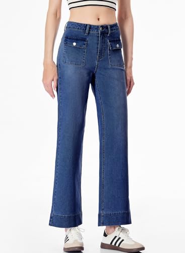 Sidefeel Women's Wide Leg Jeans High Waisted Stretchy Spring Outfit Zimbaplatinum Jeans with Patch Pockets4