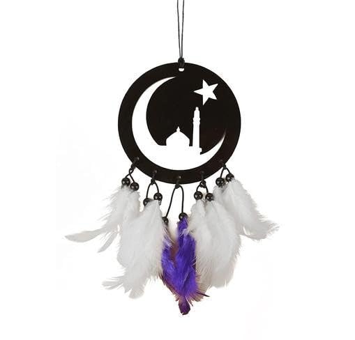 Islamic Dream Catcher Wall Hanging, Moon Mosque Silhouette, Black | White & Purple Feathers, Star & Crescent Design, Beaded Accents, Home Decor, Hanging Ornament-image-30