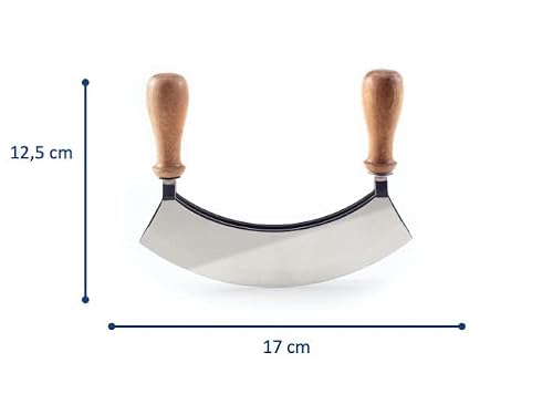 Foto von Hanseküche Wiegemesser mit Brett – FSC®-zertifiziert – Doppelseitiges Kräutermesser, Biegemesser aus scharfem Edelstahl mit Schneidebrett Akazienholz Kräuter und Gewürze, Pizzaschneider, Kräuterschere