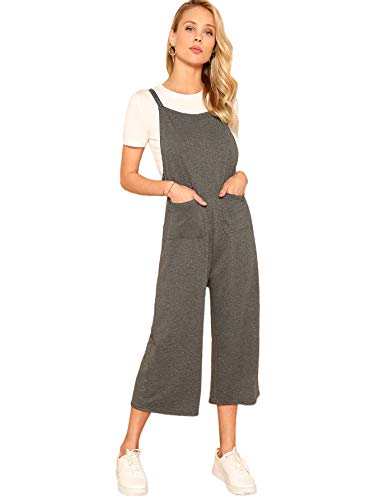 DIDK Casual Loose Strap Wide Leg Cami Jumpsuits with Pockets Romper Grey XS