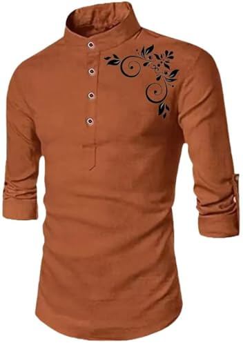 Image of DEEMOON Men's Full Sleeve Short Kurta Shirt with a Trendy Mandarin Collar Crafted from a Premium Cotton Blend for Comfort Ideal for Casual and Semi-Formal Occasions