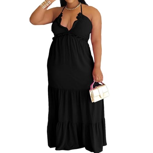 Image of TOPSRANI Womens Sleeveless Maxi Dress Halter Casual Backless Smocked Tiered Ruffle Flowy Sexy Slip Sling Strap Dresses