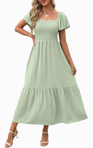 Image of OFEEFAN Summer Dresses for Women Square Neck Ruffle Sleeve Smocked Maxi Dress with Pockets