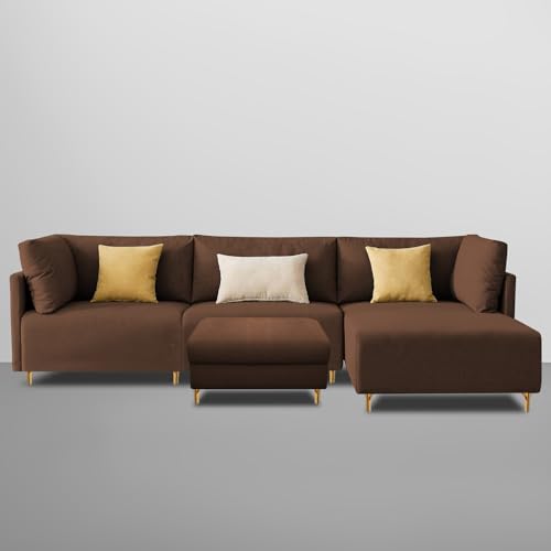 Image of Carina RHS 4 Seater L Shape Sofa Set with Center Table for Living Room (Brown Fabric) Premium Fabric Sofa