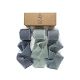 Vitalizart 3 Rolls Handmade Fringe Chiffon Silk Ribbon 1 1/2 Inch x 7Yd Dusty Blue Ribbons Set for Wedding Invitations Bridal Bouquets Gifts Wrapping DIY Crafts