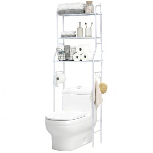 NK Estantería de Baño sobre Inodoro – 153x47x26 cm, 3 Baldas Superiores, 3 Ganchos, Portarrollos, Patas Antideslizantes, Estructura de Hierro y PP, Color Blanco, Montaje Fácil