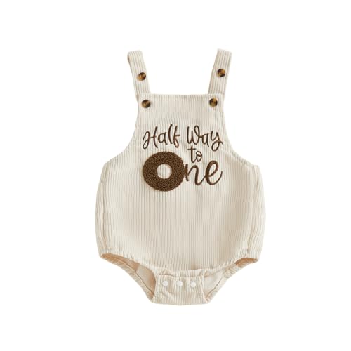 Honganda Baby Boy 1/2 Birthday Outfit Sleeveless Corduroy Overalls Half Way to One Cake Smash Romper for Half Birthday Party (Beige 6-12 Months)