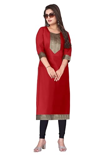 Image of Elegant red Straight Kurti with Golden Embroidered Yoke, Three Quarter Sleeves and Classic Border Detailing for Festive, Office and Everyday wear