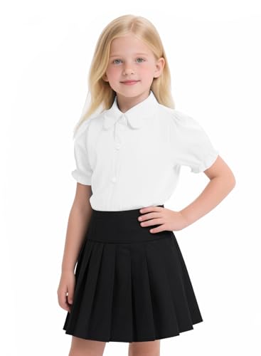 Image of Girls Button Down Shirt Puff Sleeves Blouse Summer Cute Top Doll Collar School Uniform, 4-13Y