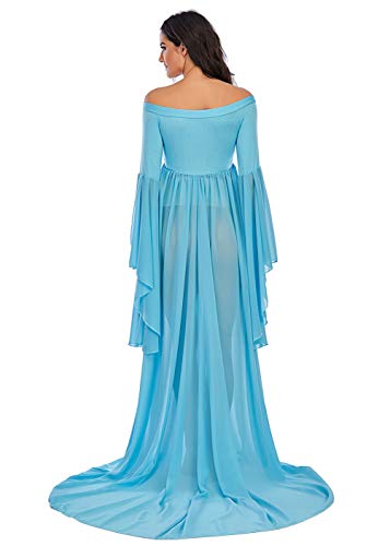 Ziumudy Off Shoulder Maternity Maxi Chiffon Dress For Photo Shoot Bell Sleeves Split Dress For Photography Baby Shower (Light Blue, Small) #TOP3