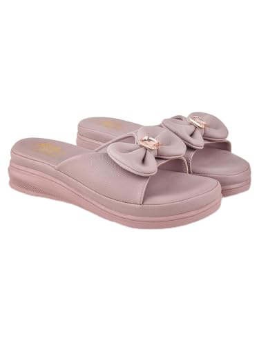 Shoetopia Women's Slip-On Peach Wedge Sandals | Comfortable Daily Slippers with Bow & Stone Detail | Lightweight Casual Fashion Footwear EU37