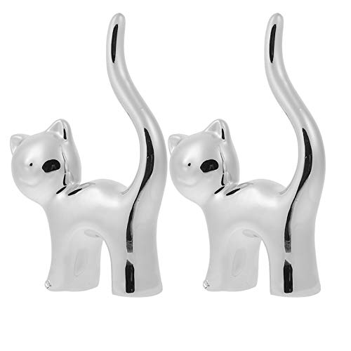 Cat Ring Holder - Ceramic Cute Cat Figure Ring Stand Jewellery Stand Display for Jewellery Photography Women Girls Birthday (Silver)
