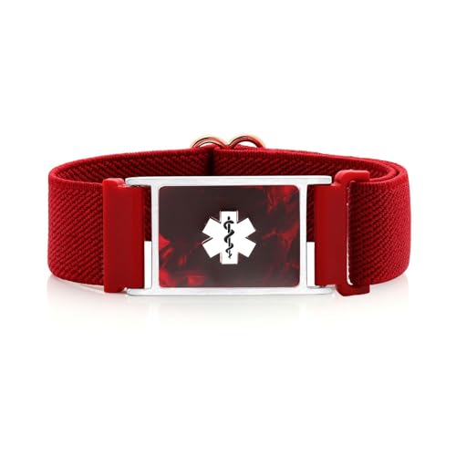 Customizable Medical ID Bracelets for Women & Men, Elastic Medical Alert Bracelets with Free Engraving, Stainless Steel ID Tag Inlaid with Shells & Acrylic Plate, 5.5-8.5 Inches Adjustable