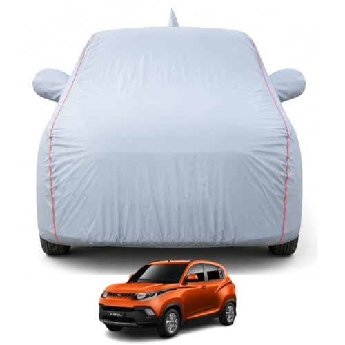Image of Premium Car Cover for KUV100 Model | Waterproof, UV & Dust Protection | Mirror & Antenna Pocket | Triple Stitched, Soft Inner Lining, Belt & Buckle (Dark Grey)