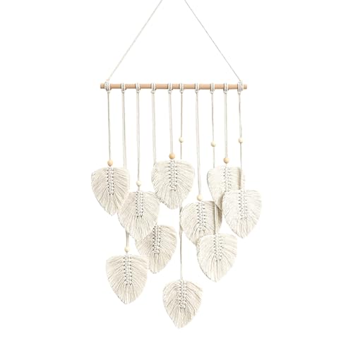 Makramee Wandbehang Boho Deko, Wandteppich Boho Style mit Holzperlen und Blätter, Tapisserie Wanddeko Handgemacht, für Outdoor, Wohnzimmer, Schlafzimmer, Indoor, Geschenke - 40 × 80 cm (Beige)