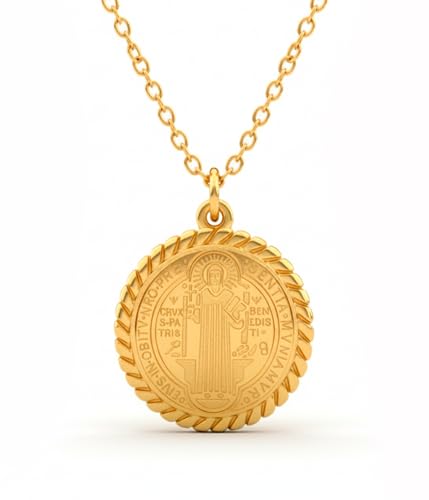 Only faith Collar Medalla de San Benito, Acero Inoxidable 316L, cadena de 45 cm, Disponible en Dorado y Plateado, 2 Estilos (San Benito Dorado)