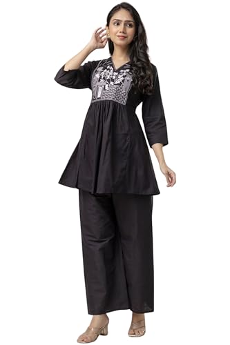 Image of Women's Rayon Kurti Set with Palazzo Pants | Embroidered V-Neck A-Line Short Kurti with 3 /4 Sleeves | Casual Ethnic Co-Ord Set for Daily Wear, Office & Festive