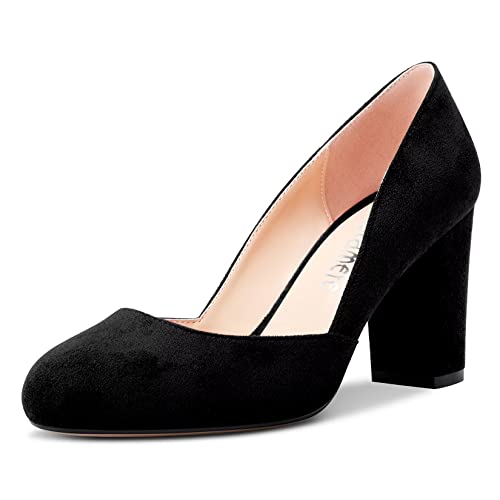 Castamere Women Chunky Block High Heel Round Toe Pumps Slip-on Office Party Dress 3.3 Inches Heels Shoes