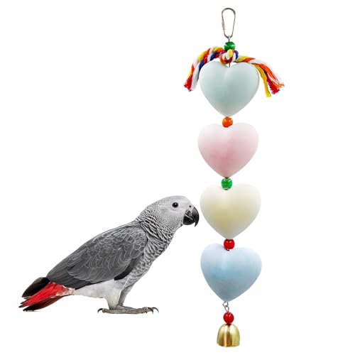 BingegePet Mineral Chew Toy, Heart Shape Colorful Beaded Bird Toys with Bells | Beak Grinding & Foraging Enrichment for African Grey, Amazon Parrots, Budgies, Cockatiels, Conures
