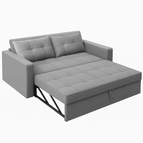 Image of FURNY Tressa 2 Seater Pull-Out Premium Fabric Sofa Cum Bed Sofa Set for Living Room (Light Grey Fabric) with Velvet Fabric