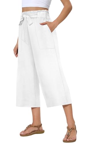 Womens Wide Leg Capri Pants Summer High Waisted Pants Drawstring Casual Loose Trousers with Pockets2