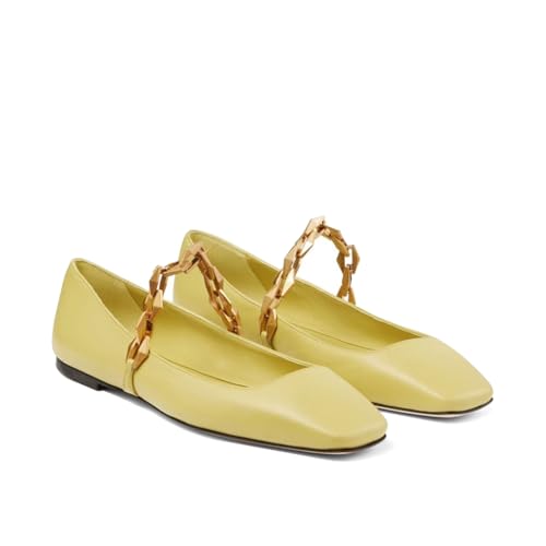 Women's Leather Ballet Flats with Chain Strap - Square Toe Slip-On Mary Jane Shoes, Breathable Summer Casual Ballerinas for Beach, Dress, Walking