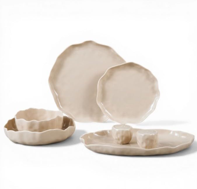 BRICARD Juego De Platos Angles Taupe 27 Piezas - Vajillas Completas 6 Personas De Vajilla Porcelana - Con Platos Llanos, Platos Hondos Y Saleros - Platos Vajilla Para Microondas Y Lavavajillas